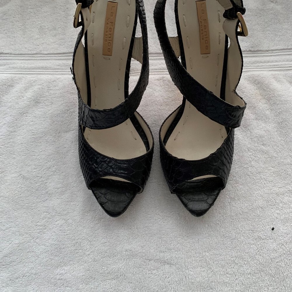 Gently worn black snake print 4 inch sandals